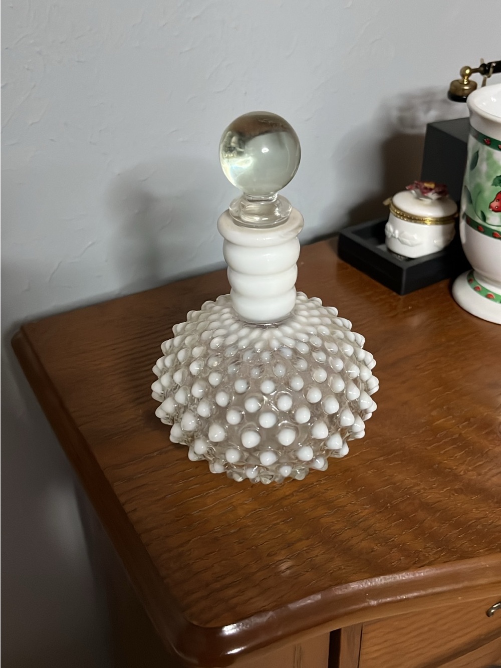 White Hobnail Milk Glass Perfume Bottle with Glass Stopper